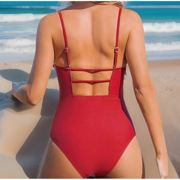 Cupshe Womens One Piece Swimsuit XL Red Square Neck Ruched Cutout Strappy - Picture 2 of 9